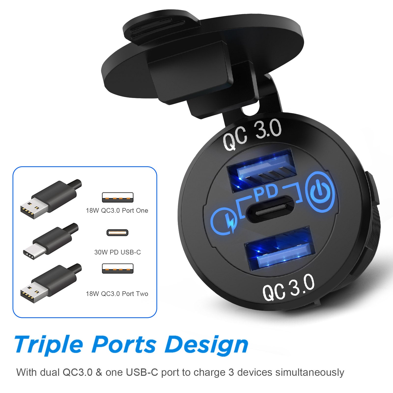 12V/24V USB C Car Charger Socket, Multiple USB Outlet 30W PD USB-C & Two QC3.0 Ports with Touch Switch Aluminum Metal