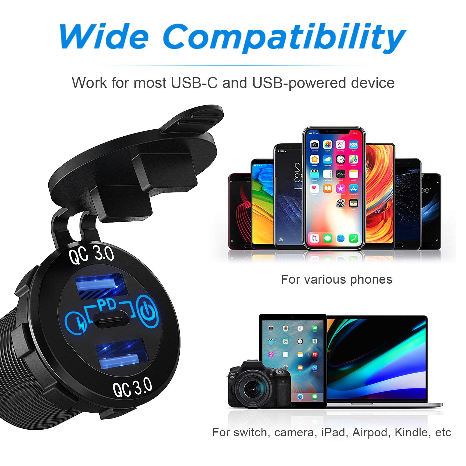 12V/24V USB C Car Charger Socket, Multiple USB Outlet 30W PD USB-C & Two QC3.0 Ports with Touch Switch Aluminum Metal