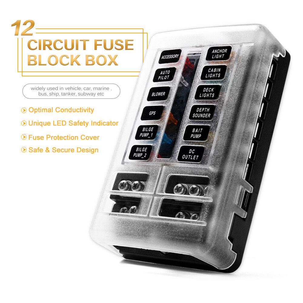 12-Circuit Blade Fuse Block LED Indicator Fuse Holder Box Cover