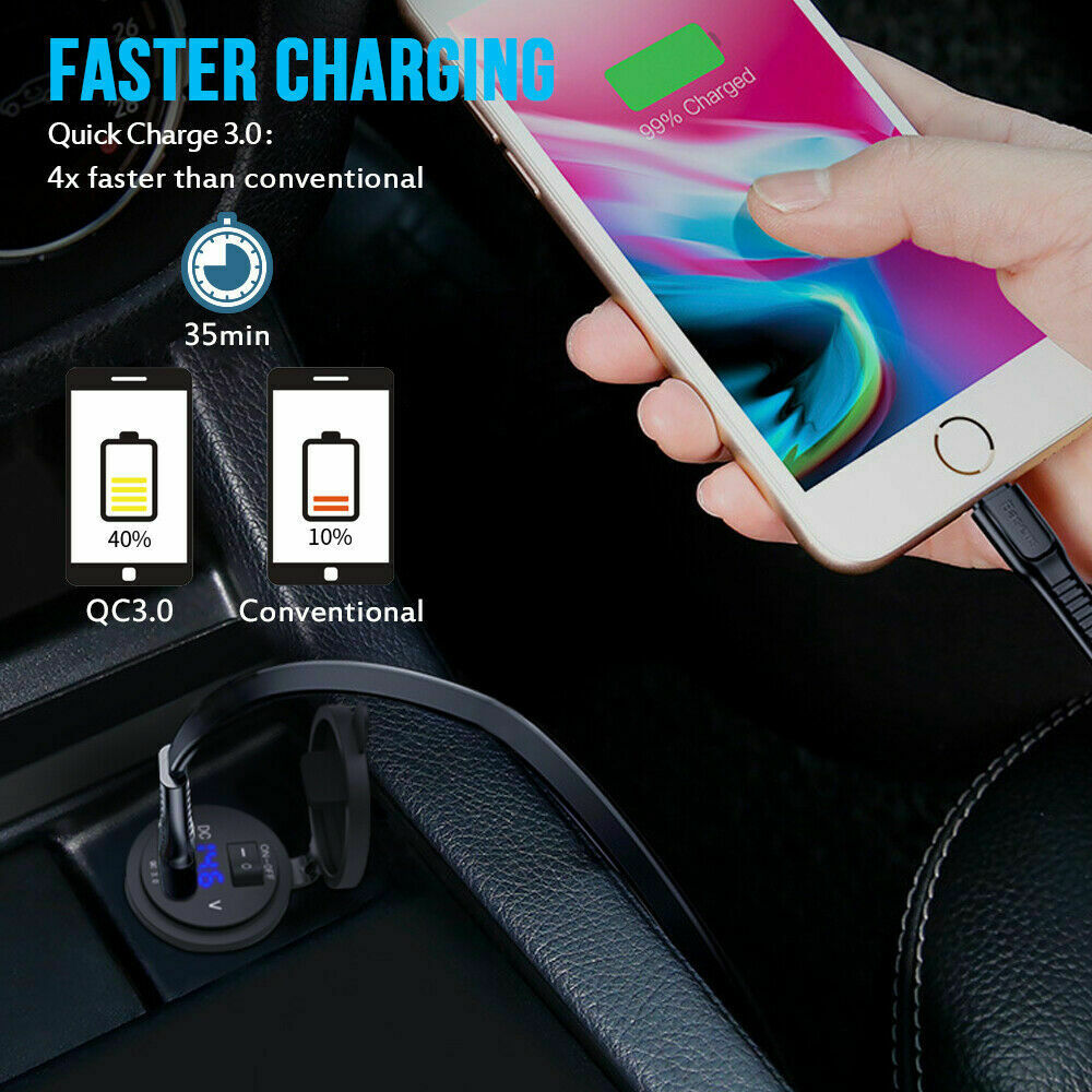 QC3.0 USB Fast Car Charger +Digital Voltmeter Switch for iPhone 13 12 Tablet GPS