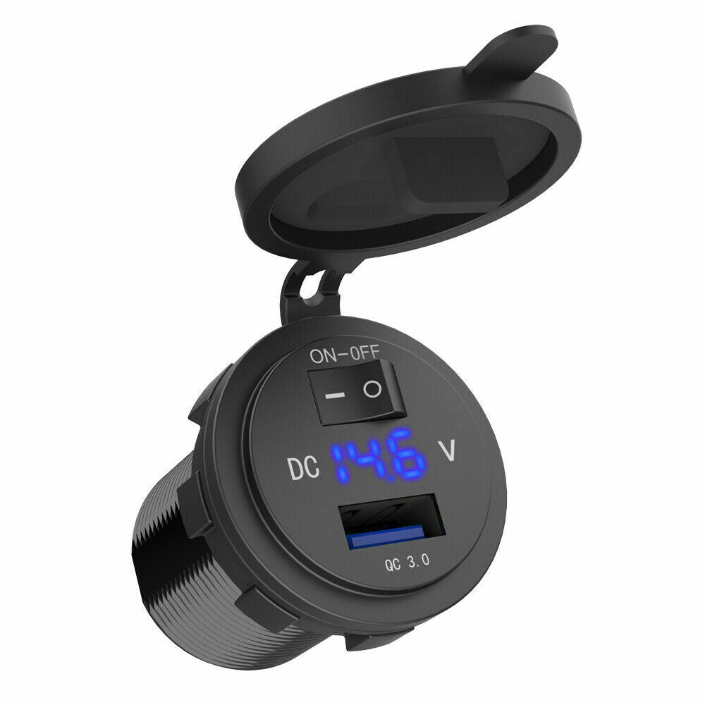 QC3.0 USB Fast Car Charger +Digital Voltmeter Switch for iPhone 13 12 Tablet GPS