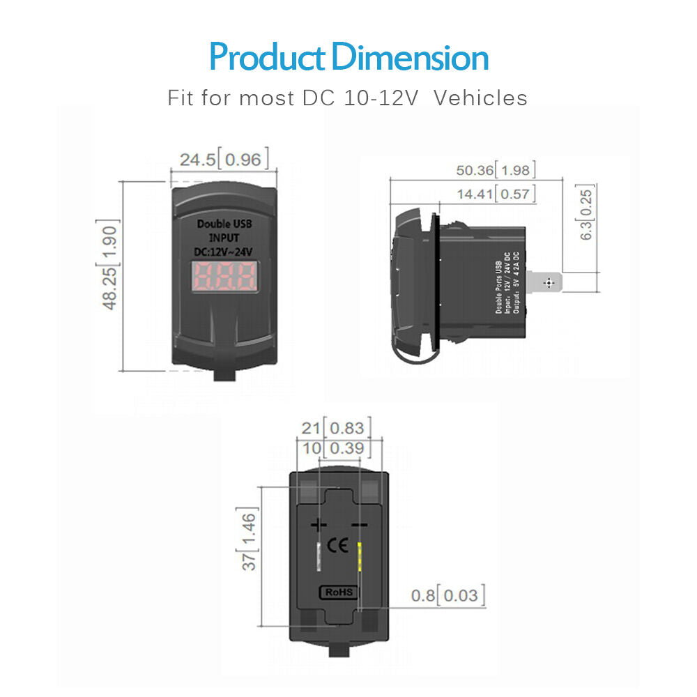 Universal Rocker Dual USB Car Charger Blue Digital Display Voltmeter