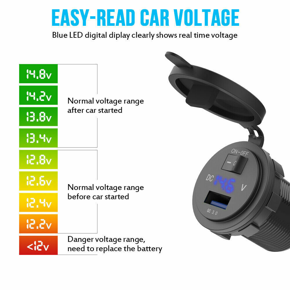 QC3.0 USB Fast Car Charger +Digital Voltmeter Switch for iPhone 13 12 Tablet GPS