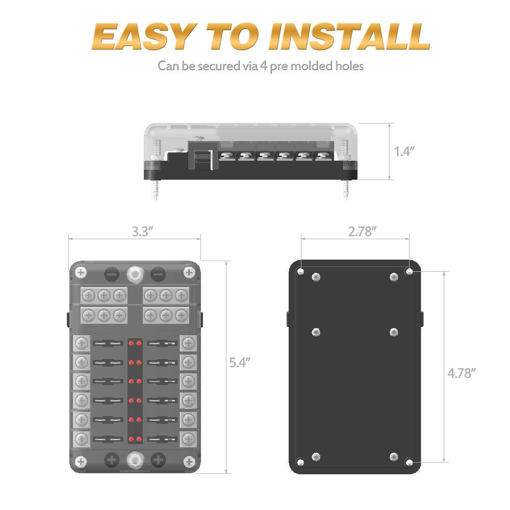 12-Circuit Blade Fuse Block LED Indicator Fuse Holder Box Cover