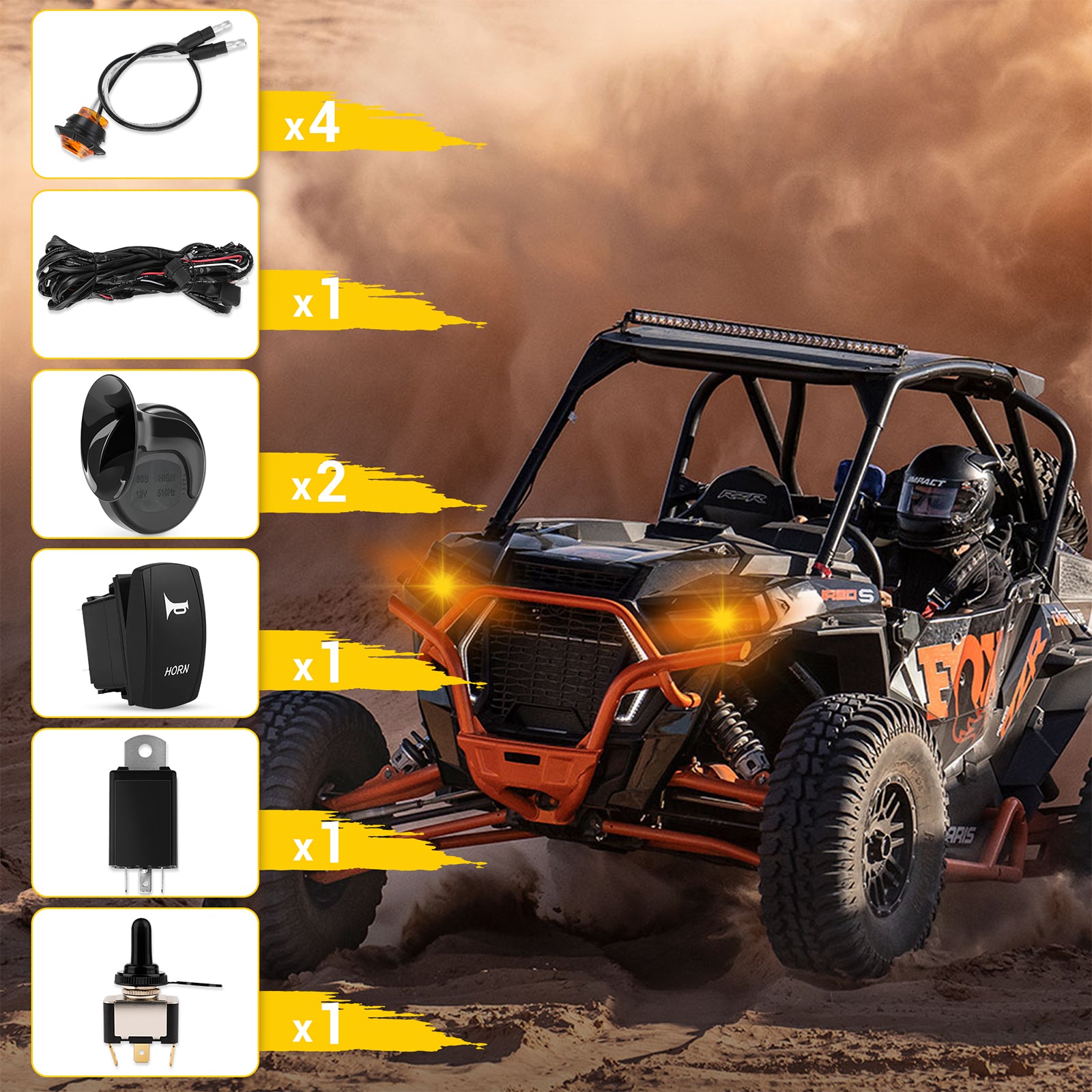 UTV/ATV Turn Signal Horn Kit, Amber Light Universal Street Legal With Toggle Switch Relay Wire Harness Compatible With Pioneer, RZR, Can-Am, Kawasaki